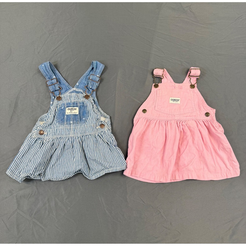 2 - OshKosh Bgosh Baby Girl Jumper Dresses 6M Blue Stripe & 6-9M Pink Corduroy